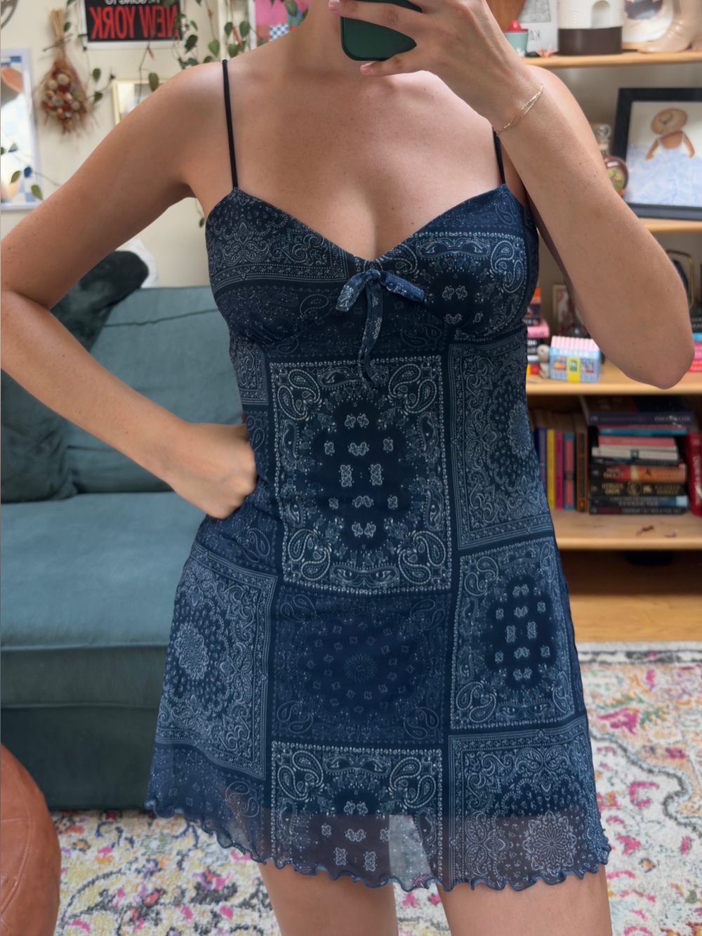 Urban Outfitters Navy Bandana-Print Mini Dress with Tie Front size small